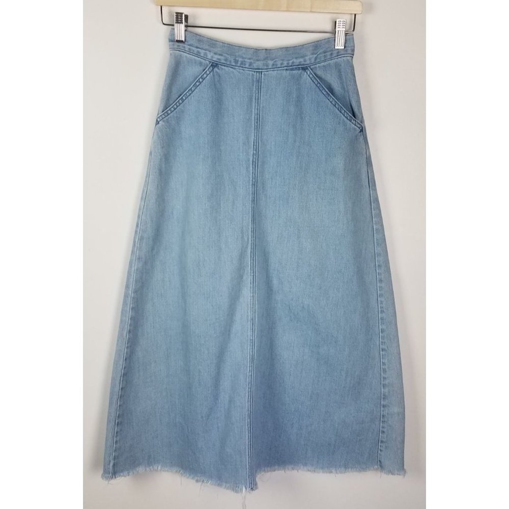 Lowrys Farm Women's Sz. 26 Flat Front Back Zip Midi Raw Hem Denim Skirt